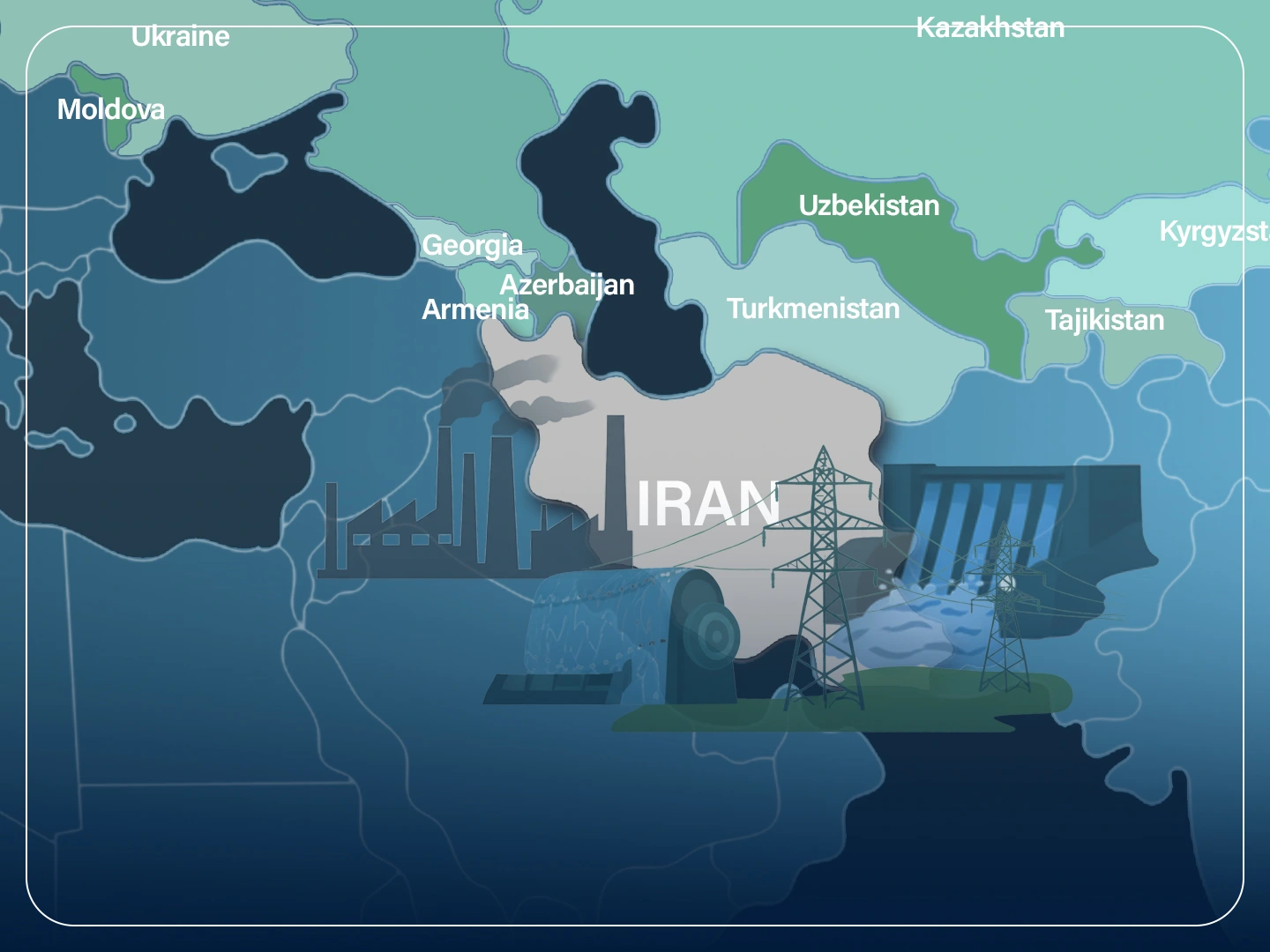 Main banner showing Iran’s engineering services exports to CIS markets with map of Central Asia and Caucasus, icons of power plants, dams, pipelines, roads, and construction projects, symbolizing Iran–CIS infrastructure cooperation and $4.5 billion export target.