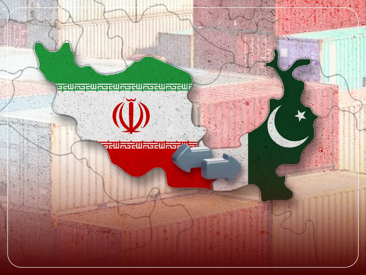hero banner showing Iran and Pakistan flags connected like a bridge, symbolizing $10 billion trade goal, with icons of truck, cargo train, container ship, and banking services to highlight Iran–Pakistan trade services expansion.